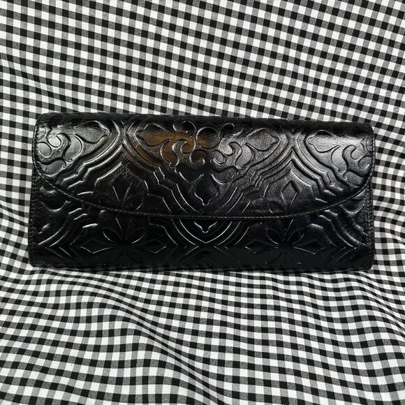 HOBO Handbags - HOBO International Black Leather Tooled Embossed Pattern Clutch Long